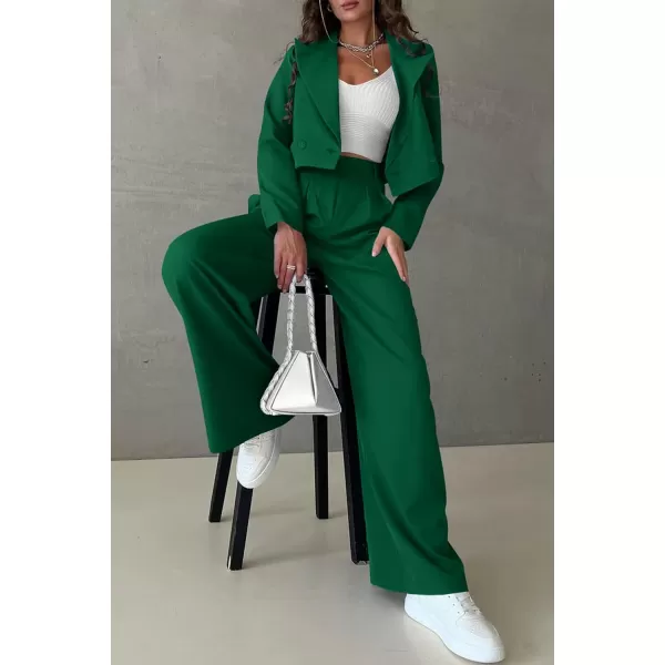 PRETTYGARDEN Womens 2 Piece Casual Outfits Cropped Blazer Jackets High Waisted Wide Leg Work Pants Suit SetGreen