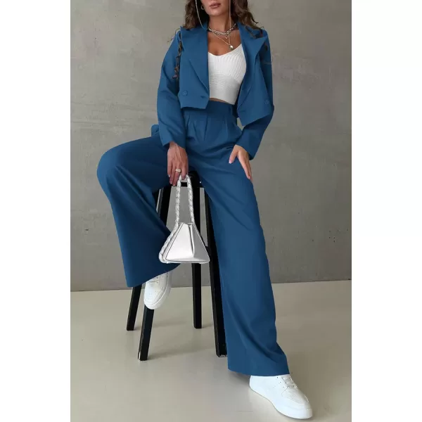 PRETTYGARDEN Womens 2 Piece Casual Outfits Cropped Blazer Jackets High Waisted Wide Leg Work Pants Suit SetLake Blue