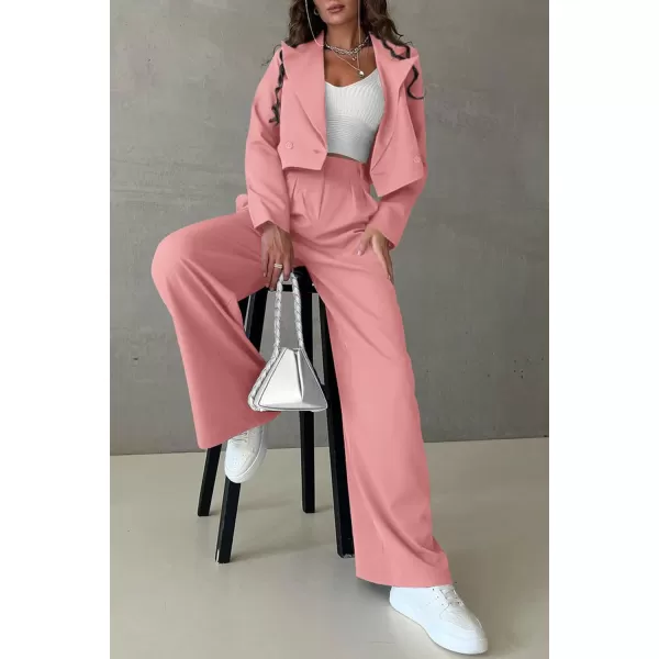PRETTYGARDEN Womens 2 Piece Casual Outfits Cropped Blazer Jackets High Waisted Wide Leg Work Pants Suit SetLight Pink