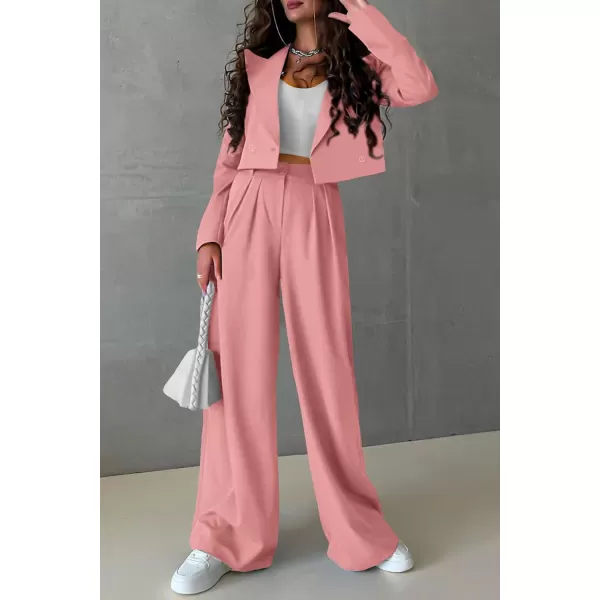PRETTYGARDEN Womens 2 Piece Casual Outfits Cropped Blazer Jackets High Waisted Wide Leg Work Pants Suit SetLight Pink