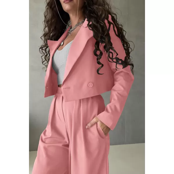 PRETTYGARDEN Womens 2 Piece Casual Outfits Cropped Blazer Jackets High Waisted Wide Leg Work Pants Suit SetLight Pink