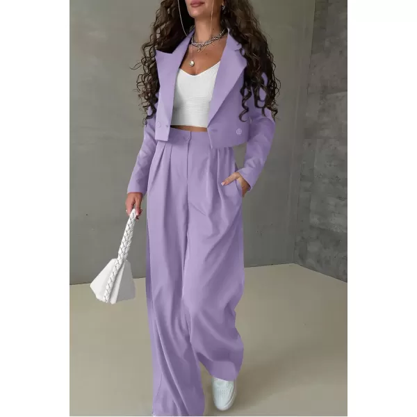 PRETTYGARDEN Womens 2 Piece Casual Outfits Cropped Blazer Jackets High Waisted Wide Leg Work Pants Suit SetLight Purple