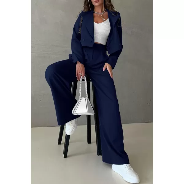 PRETTYGARDEN Womens 2 Piece Casual Outfits Cropped Blazer Jackets High Waisted Wide Leg Work Pants Suit SetNavy