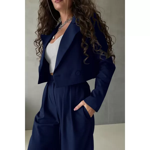 PRETTYGARDEN Womens 2 Piece Casual Outfits Cropped Blazer Jackets High Waisted Wide Leg Work Pants Suit SetNavy