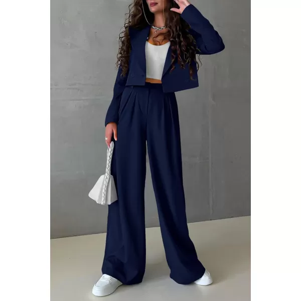 PRETTYGARDEN Womens 2 Piece Casual Outfits Cropped Blazer Jackets High Waisted Wide Leg Work Pants Suit SetNavy