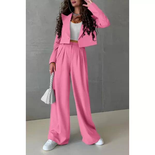 PRETTYGARDEN Womens 2 Piece Casual Outfits Cropped Blazer Jackets High Waisted Wide Leg Work Pants Suit SetPink