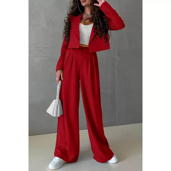PRETTYGARDEN Womens 2 Piece Casual Outfits Cropped Blazer Jackets High Waisted Wide Leg Work Pants Suit SetRed