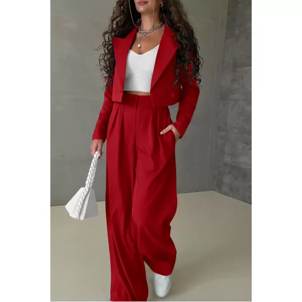 PRETTYGARDEN Womens 2 Piece Casual Outfits Cropped Blazer Jackets High Waisted Wide Leg Work Pants Suit SetRed
