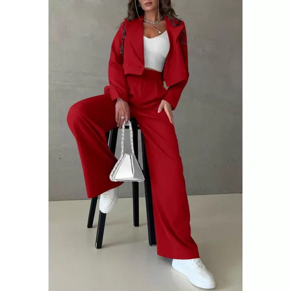 PRETTYGARDEN Womens 2 Piece Casual Outfits Cropped Blazer Jackets High Waisted Wide Leg Work Pants Suit SetRed