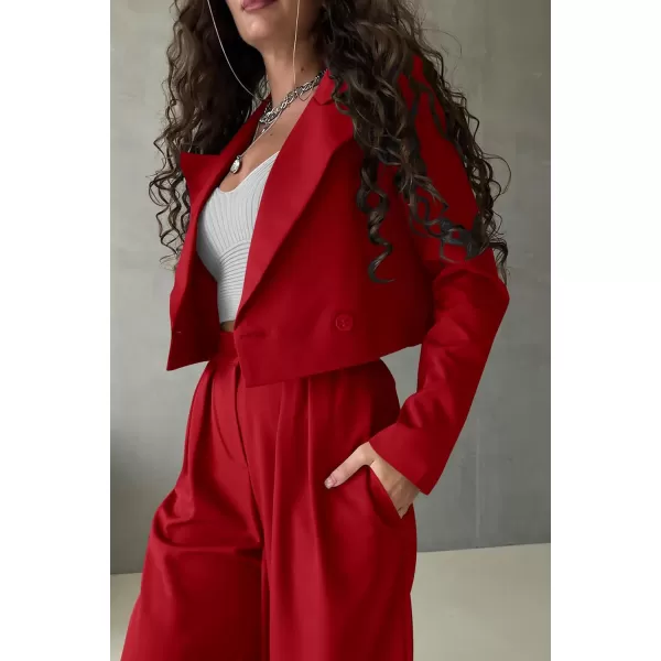PRETTYGARDEN Womens 2 Piece Casual Outfits Cropped Blazer Jackets High Waisted Wide Leg Work Pants Suit SetRed
