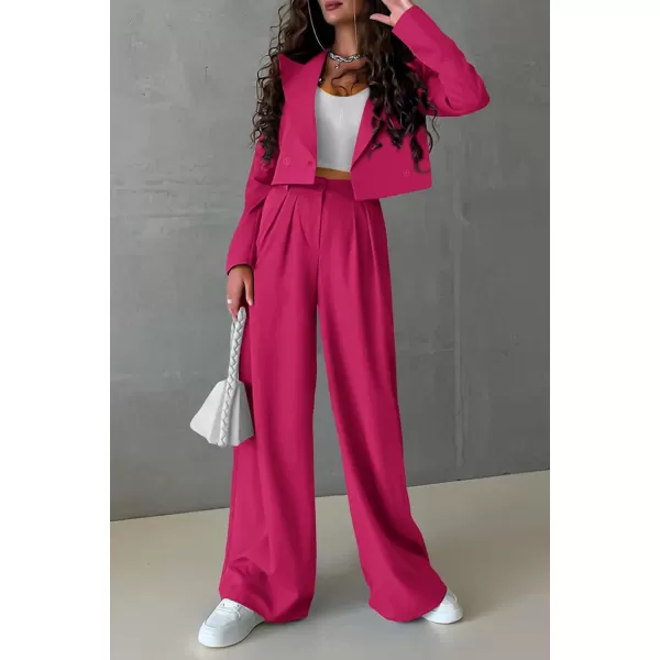 PRETTYGARDEN Womens 2 Piece Casual Outfits Cropped Blazer Jackets High Waisted Wide Leg Work Pants Suit SetRose Red