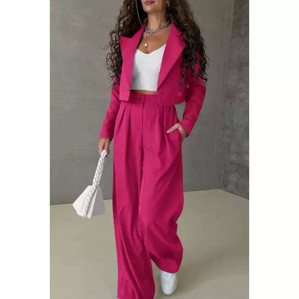 PRETTYGARDEN Womens 2 Piece Casual Outfits Cropped Blazer Jackets High Waisted Wide Leg Work Pants Suit SetRose Red