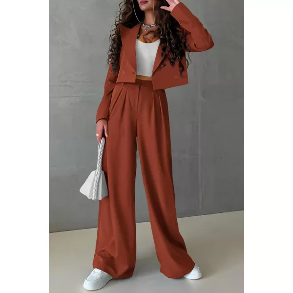 PRETTYGARDEN Womens 2 Piece Casual Outfits Cropped Blazer Jackets High Waisted Wide Leg Work Pants Suit SetRust Red