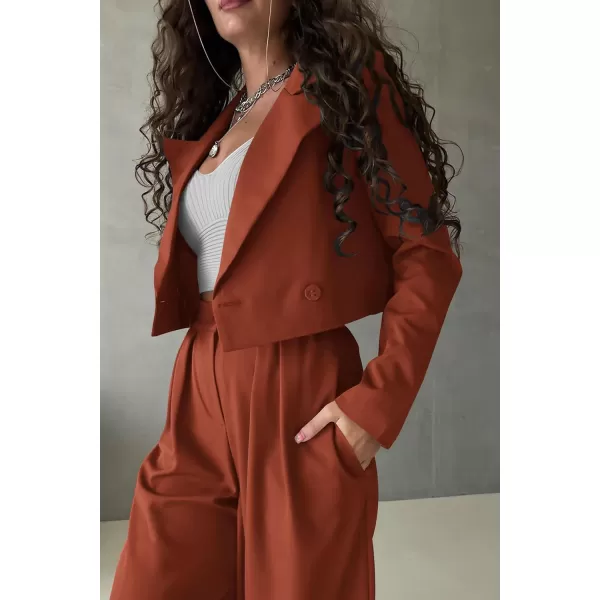 PRETTYGARDEN Womens 2 Piece Casual Outfits Cropped Blazer Jackets High Waisted Wide Leg Work Pants Suit SetRust Red