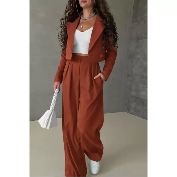 PRETTYGARDEN Womens 2 Piece Casual Outfits Cropped Blazer Jackets High Waisted Wide Leg Work Pants Suit SetRust Red