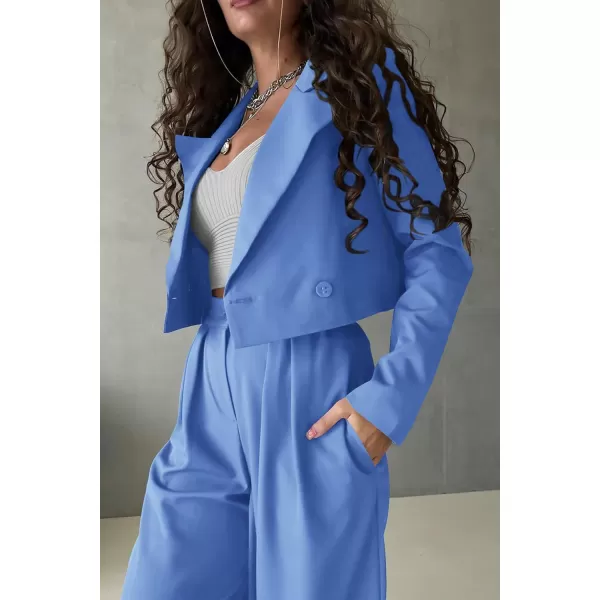 PRETTYGARDEN Womens 2 Piece Casual Outfits Cropped Blazer Jackets High Waisted Wide Leg Work Pants Suit SetSky Blue