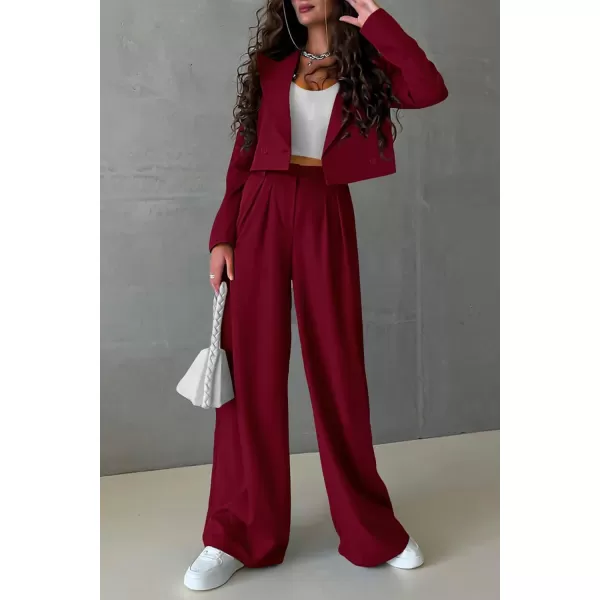 PRETTYGARDEN Womens 2 Piece Casual Outfits Cropped Blazer Jackets High Waisted Wide Leg Work Pants Suit SetWine Red