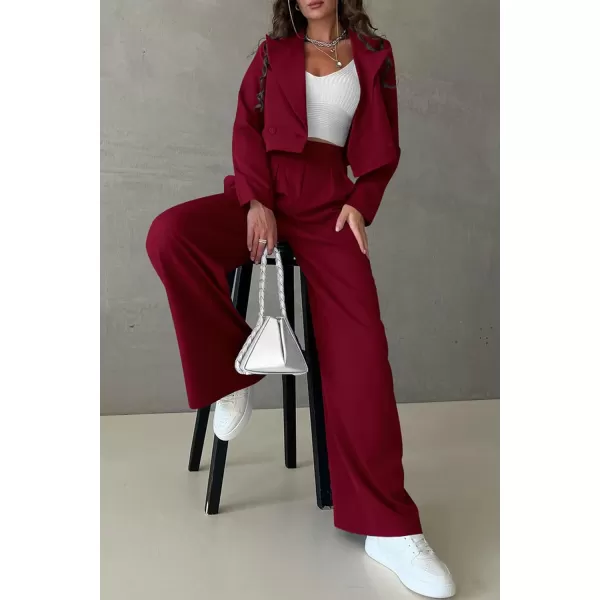 PRETTYGARDEN Womens 2 Piece Casual Outfits Cropped Blazer Jackets High Waisted Wide Leg Work Pants Suit SetWine Red