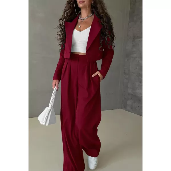 PRETTYGARDEN Womens 2 Piece Casual Outfits Cropped Blazer Jackets High Waisted Wide Leg Work Pants Suit SetWine Red