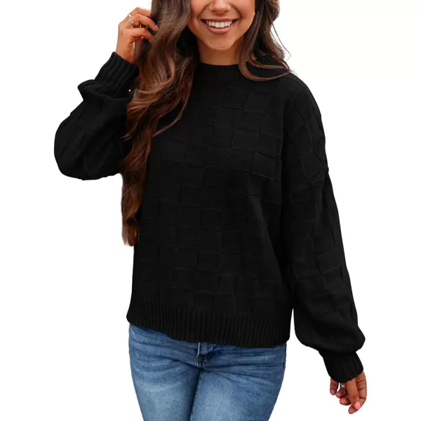 PRETTYGARDEN Womens 2024 Fall Long Sleeve Crewneck Pullover Sweaters Loose Checkered Chunky Ribbed Knit Jumper TopsBlack