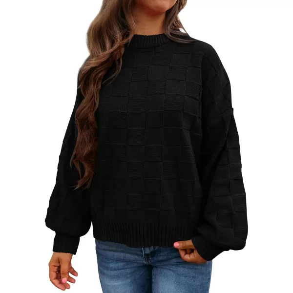 PRETTYGARDEN Womens 2024 Fall Long Sleeve Crewneck Pullover Sweaters Loose Checkered Chunky Ribbed Knit Jumper TopsBlack