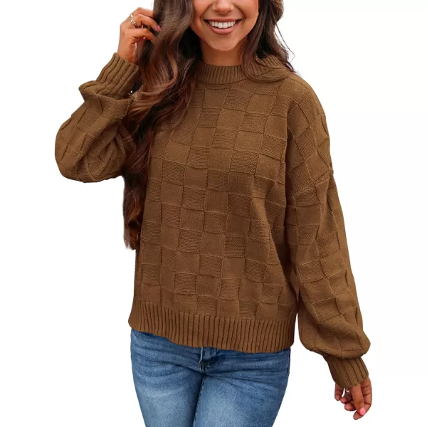 PRETTYGARDEN Womens 2024 Fall Long Sleeve Crewneck Pullover Sweaters Loose Checkered Chunky Ribbed Knit Jumper TopsBrown