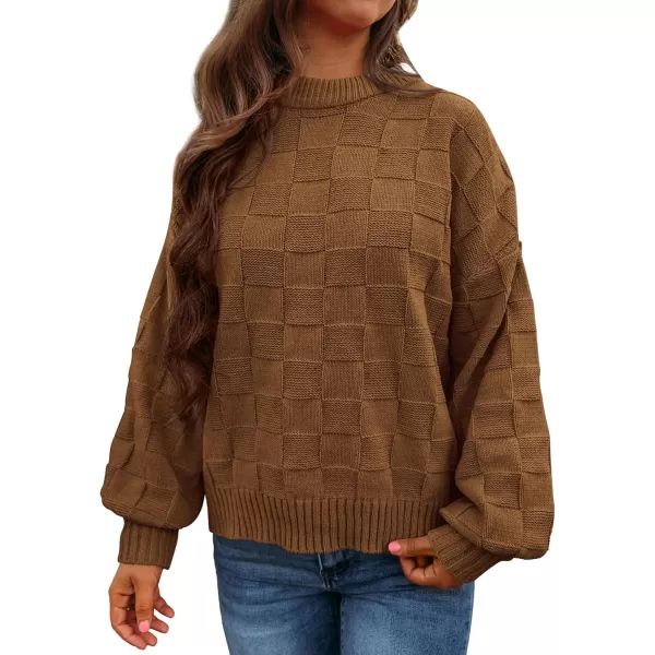PRETTYGARDEN Womens 2024 Fall Long Sleeve Crewneck Pullover Sweaters Loose Checkered Chunky Ribbed Knit Jumper TopsBrown