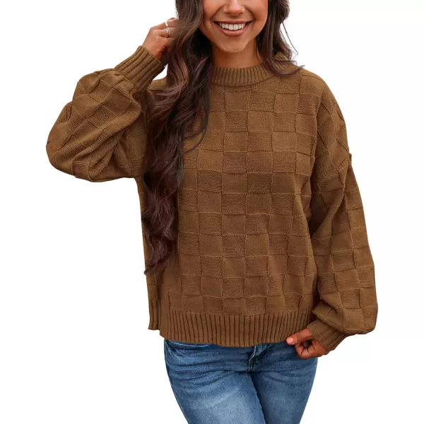 PRETTYGARDEN Womens 2024 Fall Long Sleeve Crewneck Pullover Sweaters Loose Checkered Chunky Ribbed Knit Jumper TopsBrown
