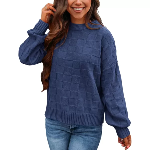 PRETTYGARDEN Womens 2024 Fall Long Sleeve Crewneck Pullover Sweaters Loose Checkered Chunky Ribbed Knit Jumper TopsDark Blue