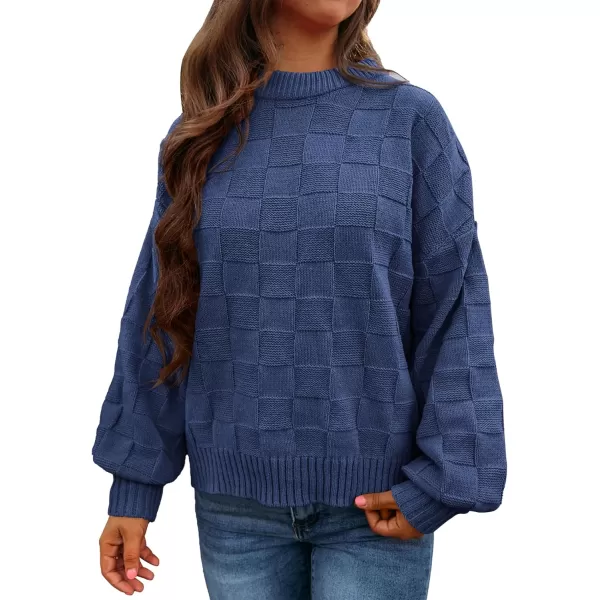 PRETTYGARDEN Womens 2024 Fall Long Sleeve Crewneck Pullover Sweaters Loose Checkered Chunky Ribbed Knit Jumper TopsDark Blue