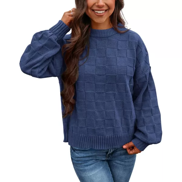 PRETTYGARDEN Womens 2024 Fall Long Sleeve Crewneck Pullover Sweaters Loose Checkered Chunky Ribbed Knit Jumper TopsDark Blue