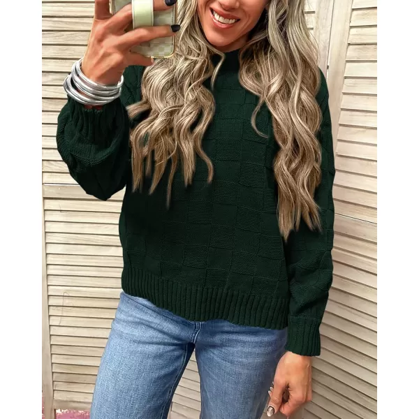 PRETTYGARDEN Womens 2024 Fall Long Sleeve Crewneck Pullover Sweaters Loose Checkered Chunky Ribbed Knit Jumper TopsDark Green