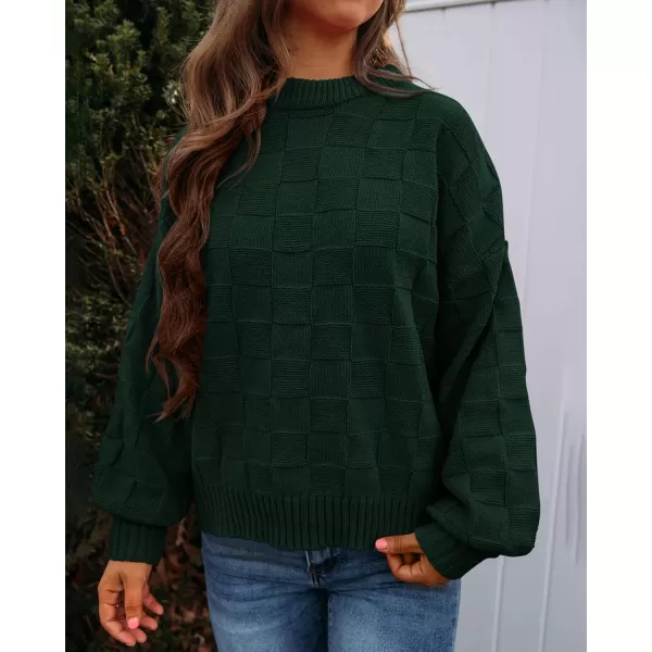PRETTYGARDEN Womens 2024 Fall Long Sleeve Crewneck Pullover Sweaters Loose Checkered Chunky Ribbed Knit Jumper TopsDark Green