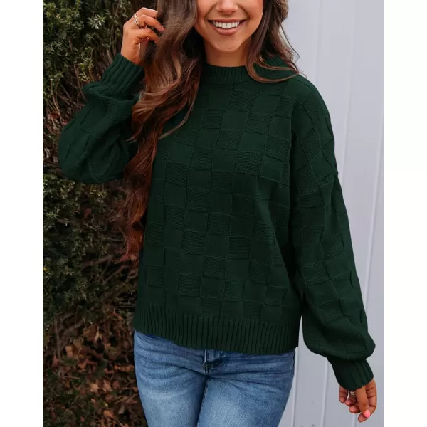 PRETTYGARDEN Womens 2024 Fall Long Sleeve Crewneck Pullover Sweaters Loose Checkered Chunky Ribbed Knit Jumper TopsDark Green