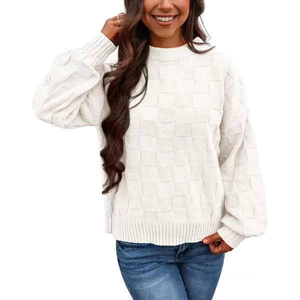 PRETTYGARDEN Womens 2024 Fall Long Sleeve Crewneck Pullover Sweaters Loose Checkered Chunky Ribbed Knit Jumper TopsWhite