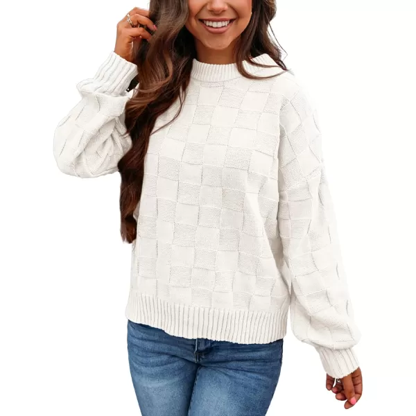 PRETTYGARDEN Womens 2024 Fall Long Sleeve Crewneck Pullover Sweaters Loose Checkered Chunky Ribbed Knit Jumper TopsWhite