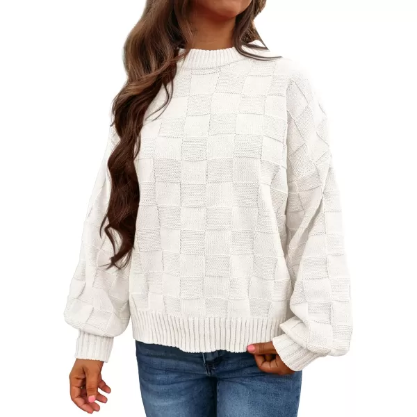 PRETTYGARDEN Womens 2024 Fall Long Sleeve Crewneck Pullover Sweaters Loose Checkered Chunky Ribbed Knit Jumper TopsWhite
