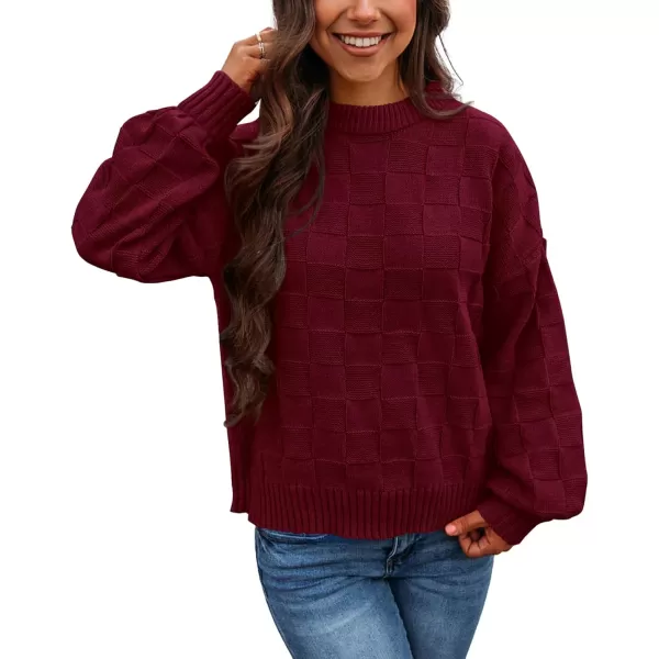 PRETTYGARDEN Womens 2024 Fall Long Sleeve Crewneck Pullover Sweaters Loose Checkered Chunky Ribbed Knit Jumper TopsWine Red