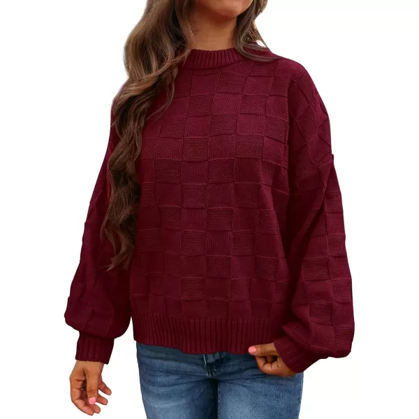 PRETTYGARDEN Womens 2024 Fall Long Sleeve Crewneck Pullover Sweaters Loose Checkered Chunky Ribbed Knit Jumper TopsWine Red