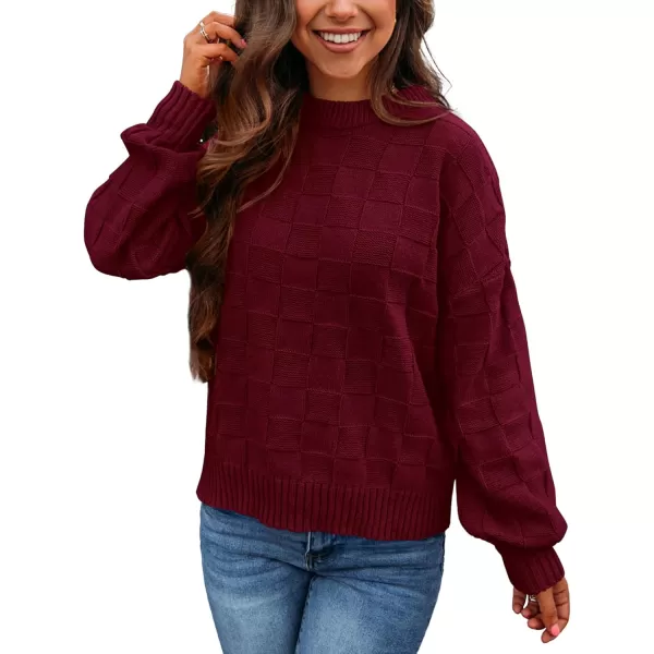 PRETTYGARDEN Womens 2024 Fall Long Sleeve Crewneck Pullover Sweaters Loose Checkered Chunky Ribbed Knit Jumper TopsWine Red
