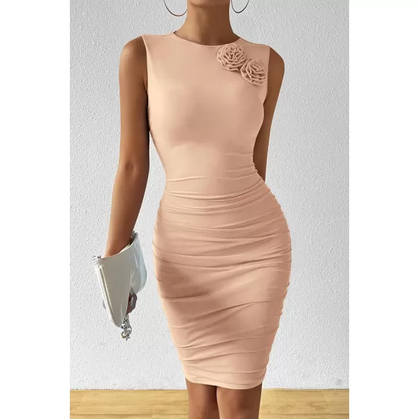 PRETTYGARDEN Womens 2024 Summer Mini Dress Sleeveless Bodycon Ruched Mesh 3D Flower Elegant Cocktail Party Short DressesApricot