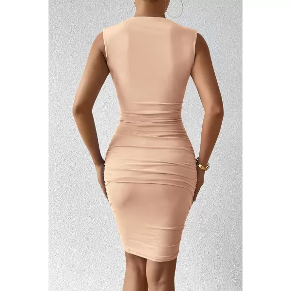 PRETTYGARDEN Womens 2024 Summer Mini Dress Sleeveless Bodycon Ruched Mesh 3D Flower Elegant Cocktail Party Short DressesApricot