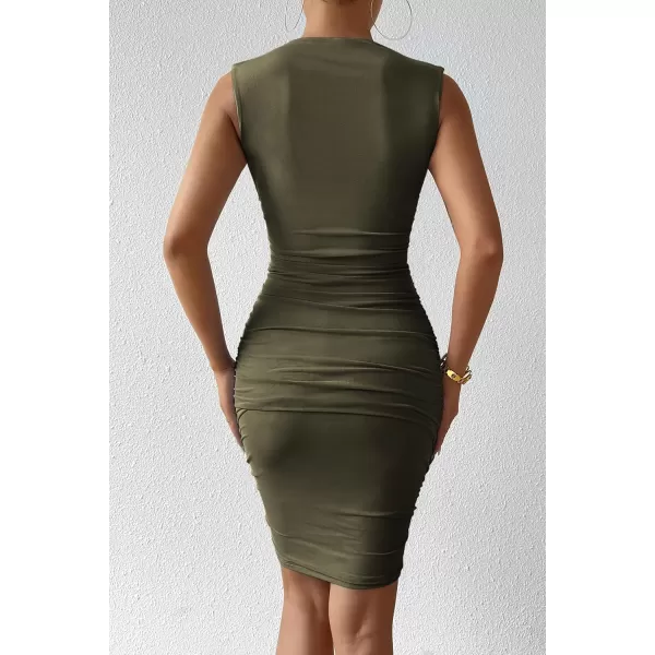 PRETTYGARDEN Womens 2024 Summer Mini Dress Sleeveless Bodycon Ruched Mesh 3D Flower Elegant Cocktail Party Short DressesArmy Green