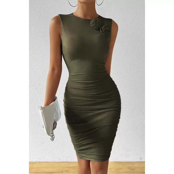 PRETTYGARDEN Womens 2024 Summer Mini Dress Sleeveless Bodycon Ruched Mesh 3D Flower Elegant Cocktail Party Short DressesArmy Green