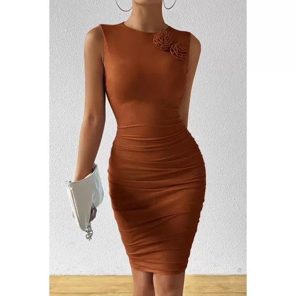PRETTYGARDEN Womens 2024 Summer Mini Dress Sleeveless Bodycon Ruched Mesh 3D Flower Elegant Cocktail Party Short DressesCaramel