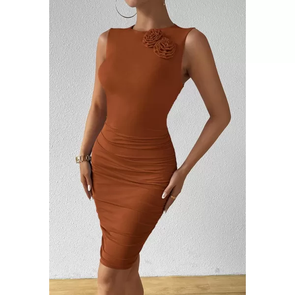 PRETTYGARDEN Womens 2024 Summer Mini Dress Sleeveless Bodycon Ruched Mesh 3D Flower Elegant Cocktail Party Short DressesCaramel