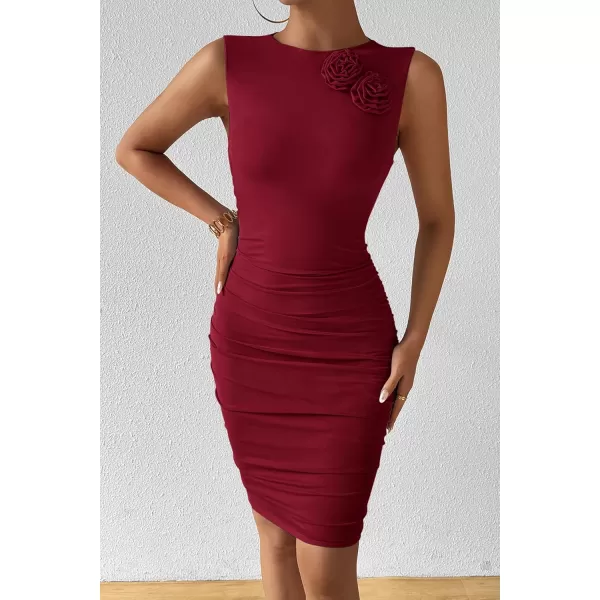PRETTYGARDEN Womens 2024 Summer Mini Dress Sleeveless Bodycon Ruched Mesh 3D Flower Elegant Cocktail Party Short DressesWine Red