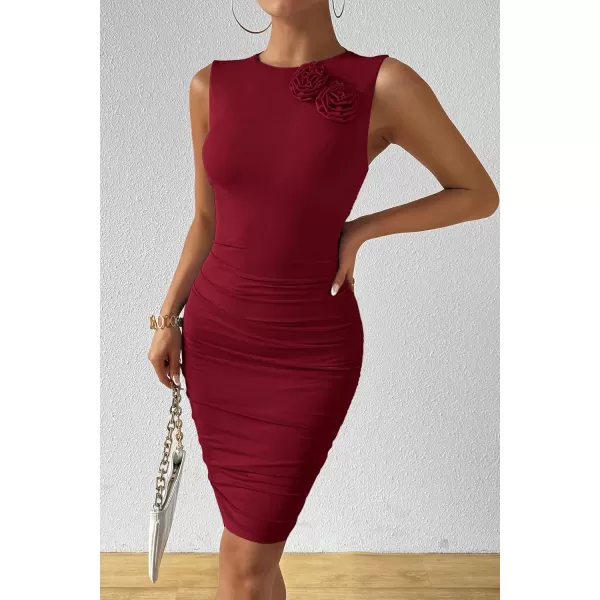 PRETTYGARDEN Womens 2024 Summer Mini Dress Sleeveless Bodycon Ruched Mesh 3D Flower Elegant Cocktail Party Short DressesWine Red