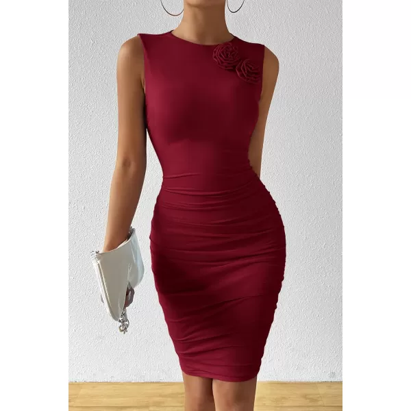 PRETTYGARDEN Womens 2024 Summer Mini Dress Sleeveless Bodycon Ruched Mesh 3D Flower Elegant Cocktail Party Short DressesWine Red