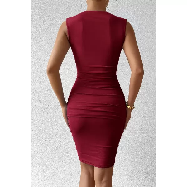 PRETTYGARDEN Womens 2024 Summer Mini Dress Sleeveless Bodycon Ruched Mesh 3D Flower Elegant Cocktail Party Short DressesWine Red